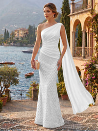 Sequin Mermaid/Trumpet One Shoulder Floor-Length Evening Dresses with Ribbon
