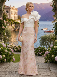 Jacquard Sheath/Column Off Shoulder Floor-Length Evening Dresses with Flower