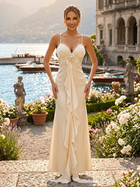 Satin Sheath/Column Spaghetti Straps Floor-Length Evening Dresses with Ruffles