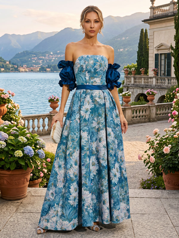 Floral Print A-Line/Princess Off Shoulder Floor-Length Evening Dresses for Women
