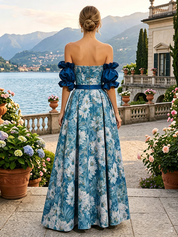 Floral Print A-Line/Princess Off Shoulder Floor-Length Evening Dresses for Women