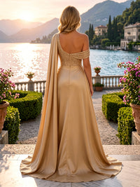 Satin Sheath/Column Off Shoulder Floor-Length Evening Dresses with Pleated & Slit