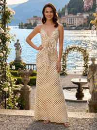 Chiffon Sheath/Column Spaghetti Straps Floor-Length Evening Dresses with Polka Dot Print