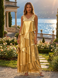 Metallic Satin A-Line/Princess V-Neck Floor-Length Evening Dresses Tiered