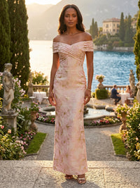 Jacquard Sheath/Column Off Shoulder Floor-Length Evening Dresses with Ruched Bodice
