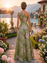 Floral Print A-Line/Princess One Shoulder Floor-Length Evening Dresses with Ruffles