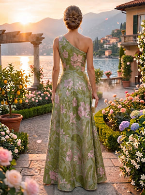 Floral Print A-Line/Princess One Shoulder Floor-Length Evening Dresses with Ruffles