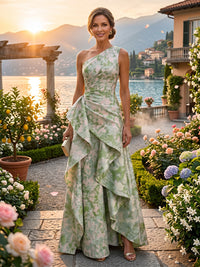 Shirees Black Floral Print A-Line/Princess One Shoulder Floor-Length Evening Dresses with Ruffles 2026