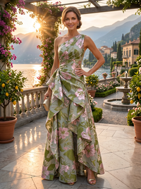 Floral Print A-Line/Princess One Shoulder Floor-Length Evening Dresses with Ruffles