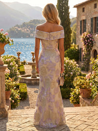 Jacquard Sheath/Column Off Shoulder Floor-Length Evening Dresses with Ruched Waist