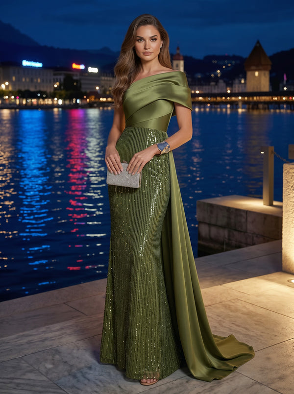 Tulle Sheath/Column One Shoulder Floor-Length Evening Dresses with Ribbon