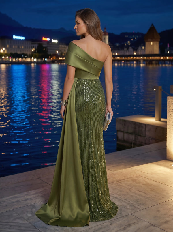Tulle Sheath/Column One Shoulder Floor-Length Evening Dresses with Ribbon