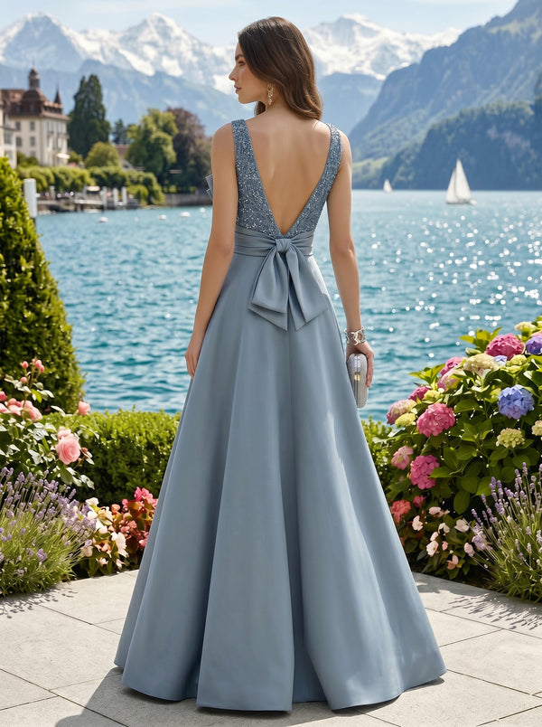 Satin A-Line/Princess V-Neck Floor-Length Evening Dresses with Ruched Waist