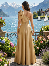 Satin A-Line/Princess One Shoulder Floor-Length Evening Dresses with Slit
