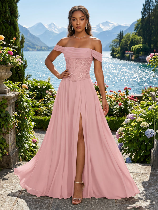 Chiffon A-Line/Princess Off Shoulder Floor-Length Evening Dresses with Pleated & Slit