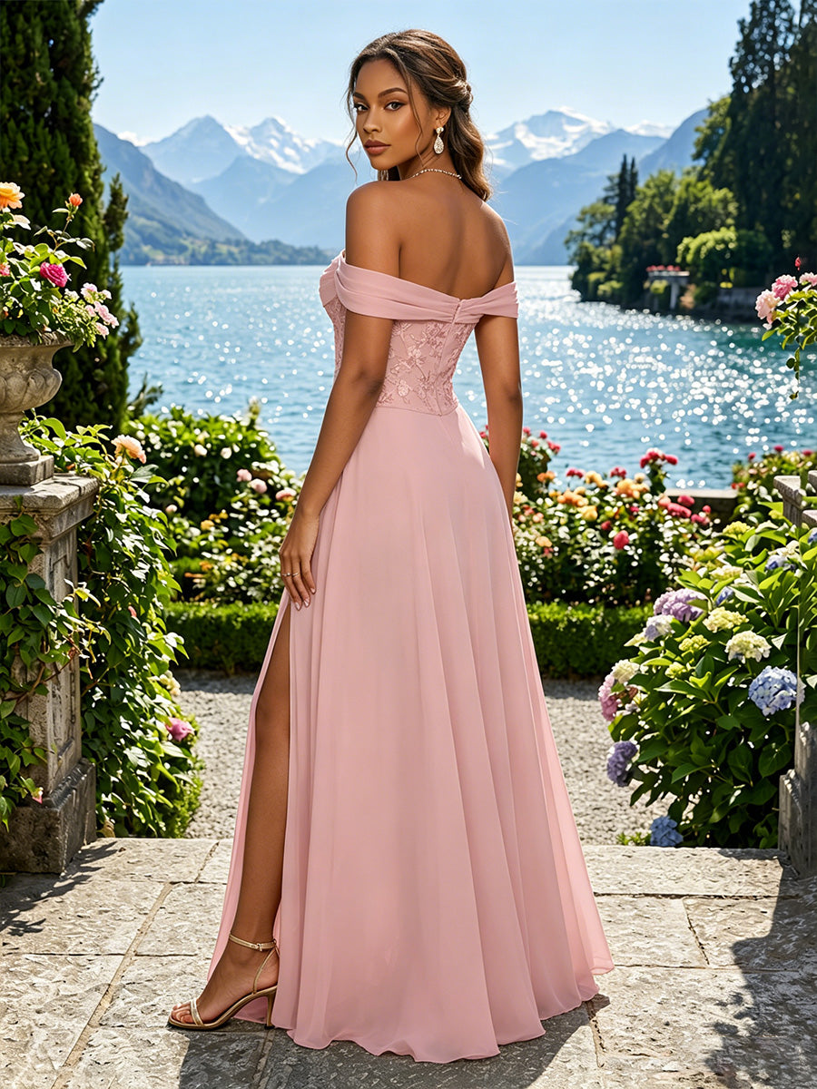 Chiffon A-Line/Princess Off Shoulder Floor-Length Evening Dresses with Pleated & Slit