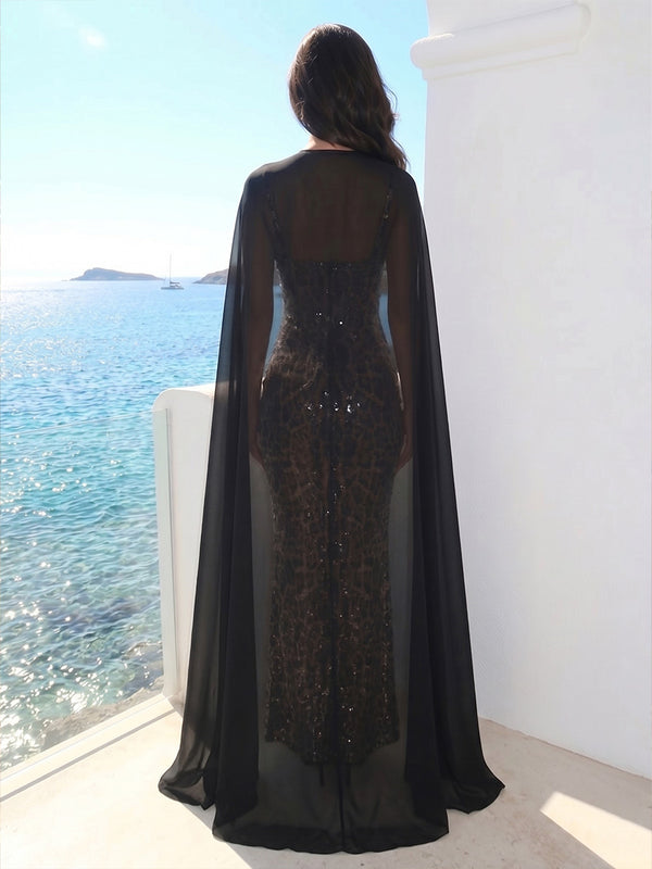 Sequin Sheath/Column Spaghetti Straps Floor-Length Evening Dresses with Leopard Print & Cape