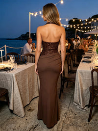 Stretch Mesh Sheath/Column Halter Floor-Length Evening Dresses with Sequin Bodice