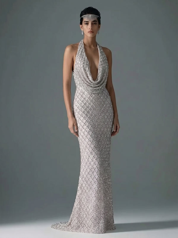 Mermaid Cowl Neck Sleeveless Sequin Floor-Length Evening Dresses
