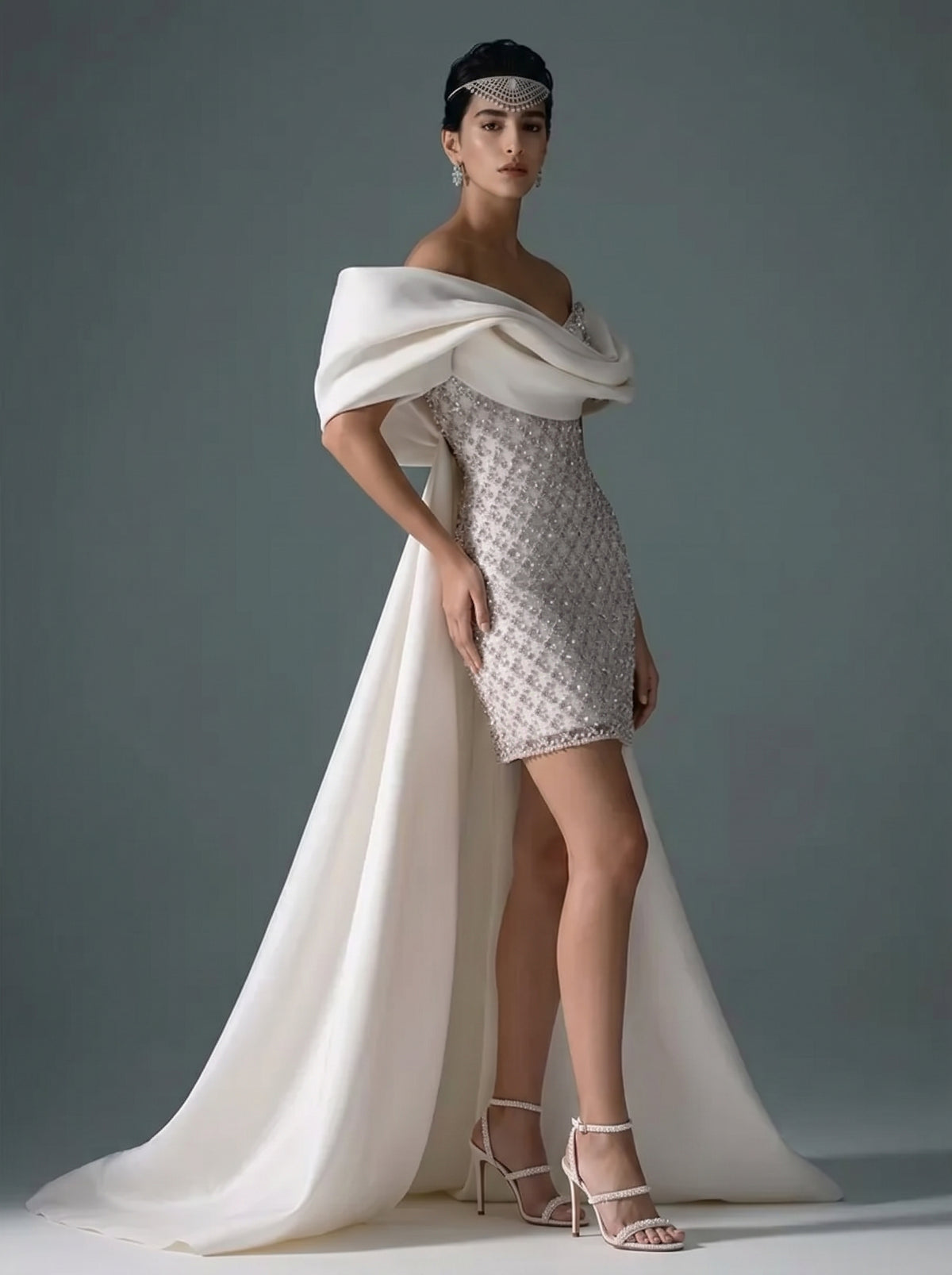 Mermaid Sequin Off Shoulder Asymmetrical Sleeve Short Evening Dresses with Bow