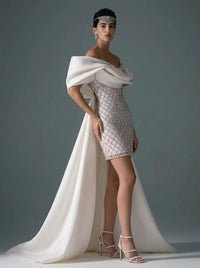 Mermaid Sequin Off Shoulder Asymmetrical Sleeve Short Evening Dresses with Bow