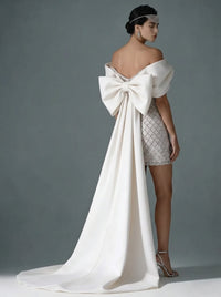 Mermaid Sequin Off Shoulder Asymmetrical Sleeve Short Evening Dresses with Bow