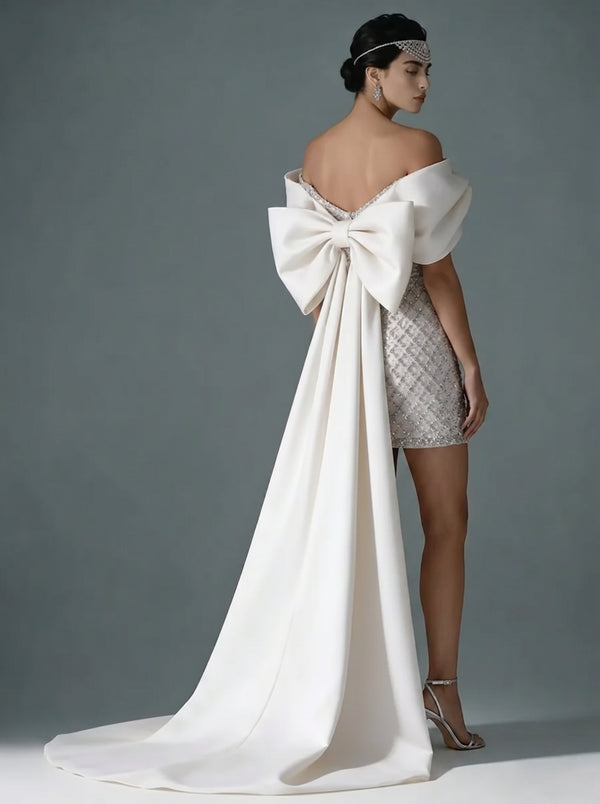 Mermaid Sequin Off Shoulder Asymmetrical Sleeve Short Evening Dresses with Bow