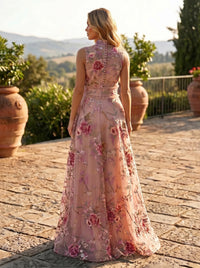 A-Line/Princess Sleeveless Floral Embroidered Lace Maxi Evening Dresses