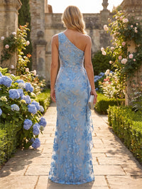 Jacquard Sheath/Column One Shoulder Floor-Length Evening Dresses with Ruched Waist & Slit