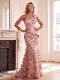 Sequin Floral Mermaid/Trumpet One Shoulder Floor-Length Evening Dresses with Satin Bodice & 3D Flowers
