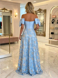 Jacquard A-Line/Princess Off Shoulder Floor-Length Evening Dresses with Bow