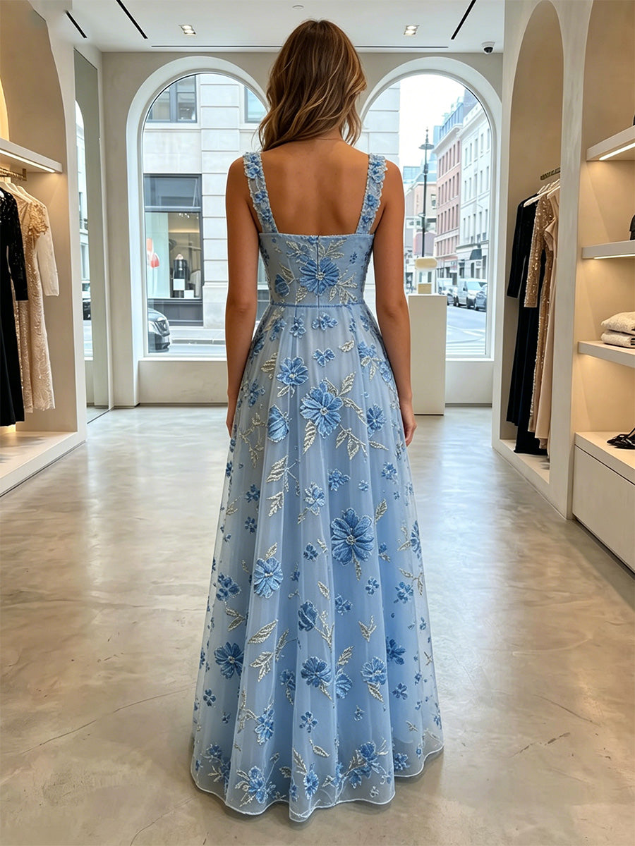 Jacquard A-Line/Princess Square Neck Floor-Length Evening Dresses with Lace