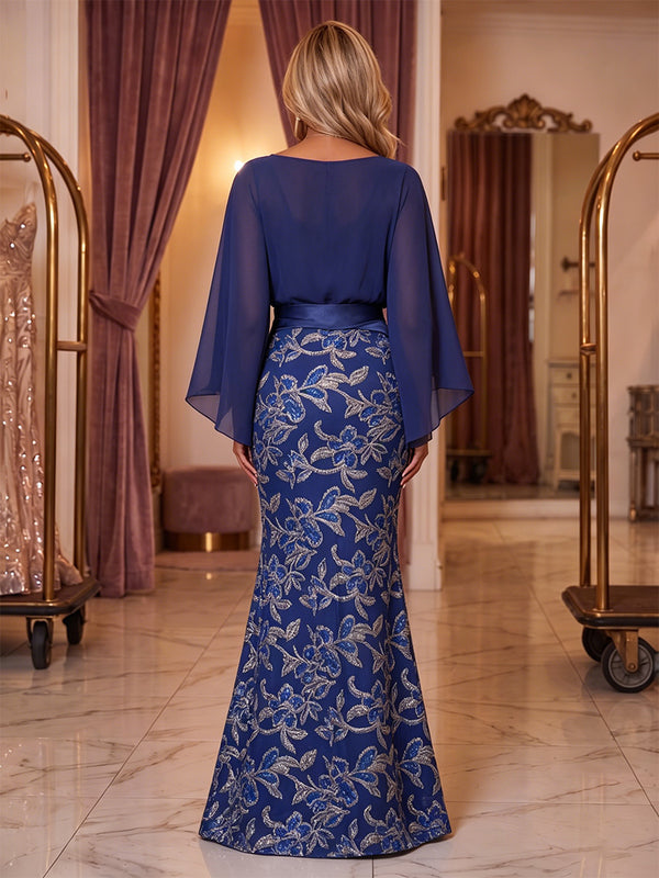 Jacquard Mermaid/Trumpet V-Neck Floor-Length Evening Dresses with Ruched Waist