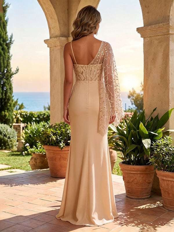 Chiffon Sheath/Column One Shoulder Floor-Length Evening Dresses with Ruffles