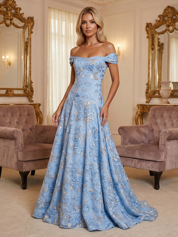 Jacquard A-Line/Princess Off Shoulder Floor-Length Evening Dresses with Pleats