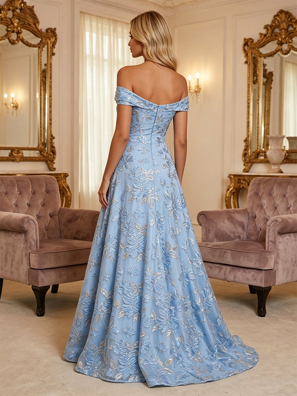Jacquard A-Line/Princess Off Shoulder Floor-Length Evening Dresses with Pleats