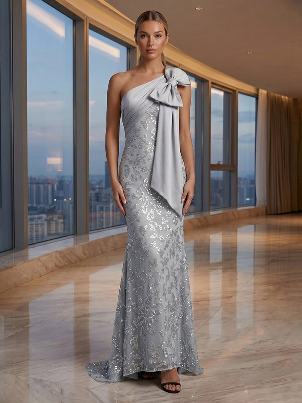 Sequin Floral Mermaid/Trumpet One Shoulder Floor-Length Evening Dresses with Bow