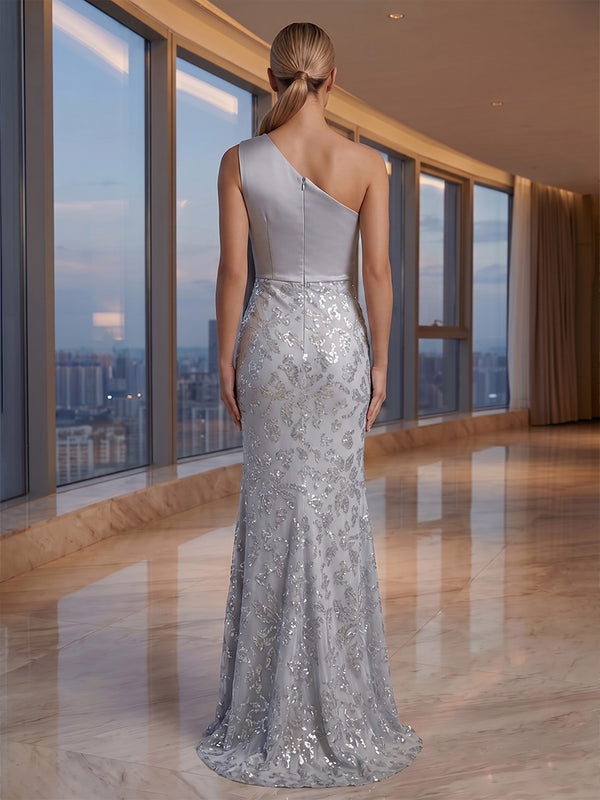Sequin Floral Mermaid/Trumpet One Shoulder Floor-Length Evening Dresses with Bow