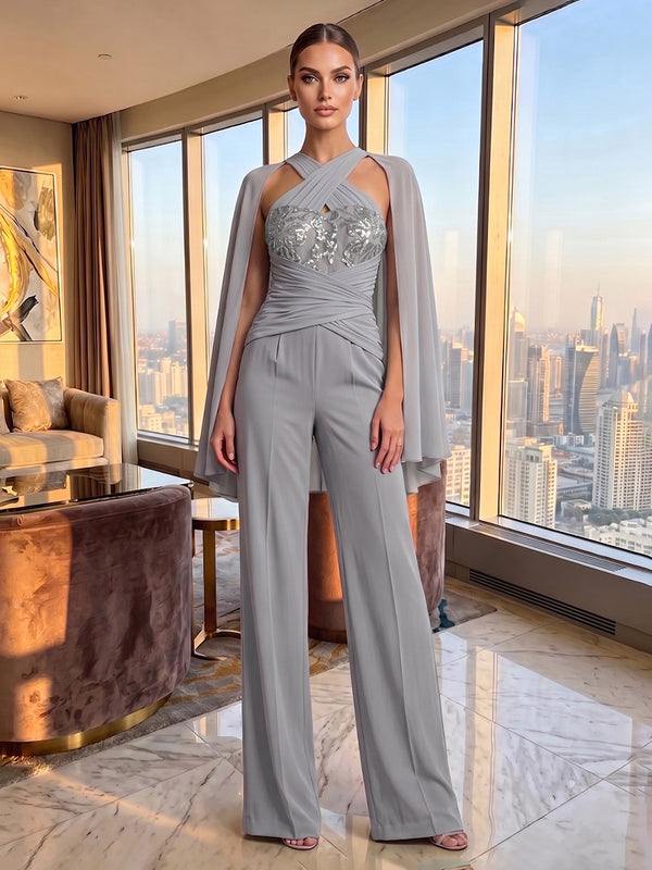 Chiffon Pantsuit Halter Floor-Length Evening Dresses with Ruched Waist