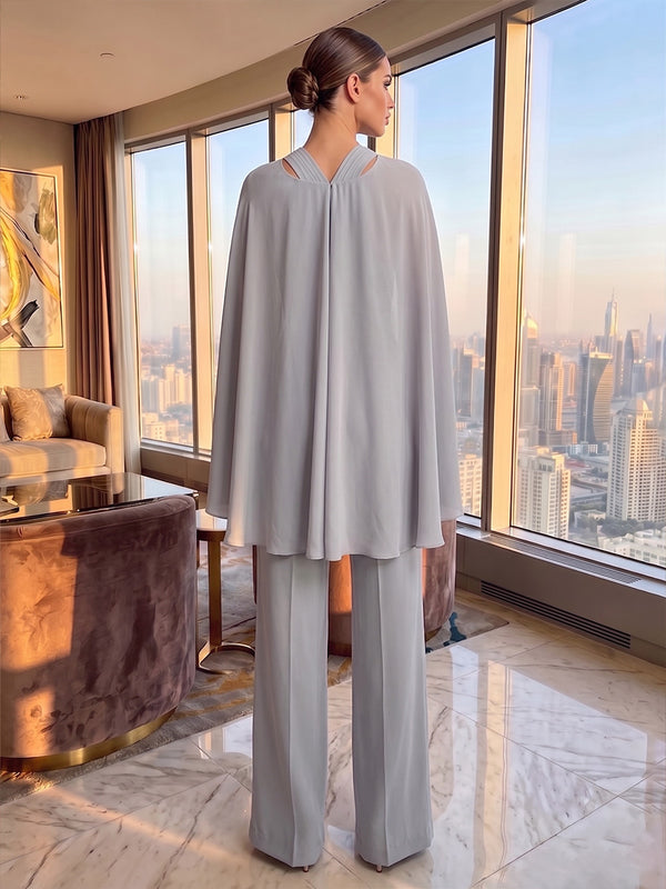Chiffon Pantsuit Halter Floor-Length Evening Dresses with Ruched Waist