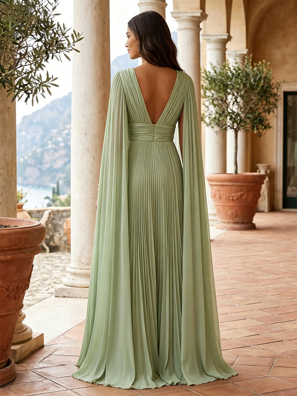 Chiffon A-Line/Princess V-Neck Floor-Length Evening Dresses with Pleats