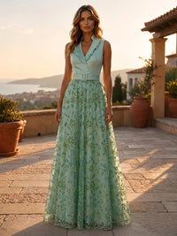 Jacquard A-Line/Princess V-Neck Floor-Length Evening Dresses with Belt