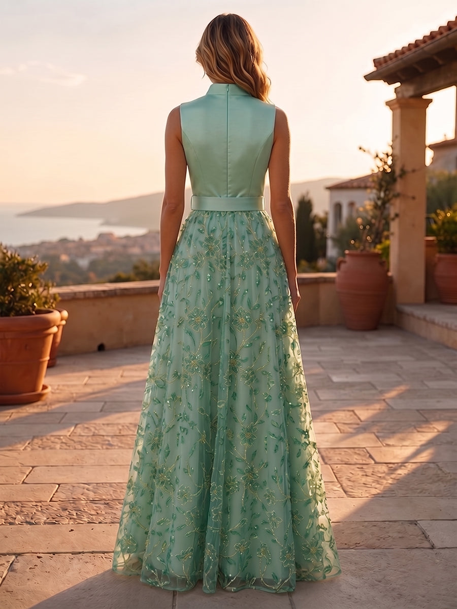 Jacquard A-Line/Princess V-Neck Floor-Length Evening Dresses with Belt