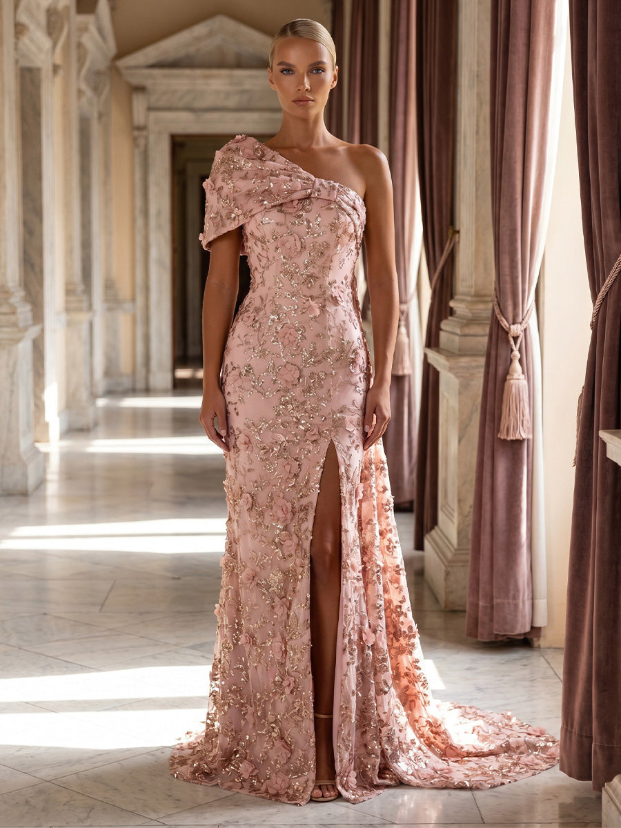 Sequin Floral Sheath/Column One Shoulder Floor-Length Evening Dresses with Slit