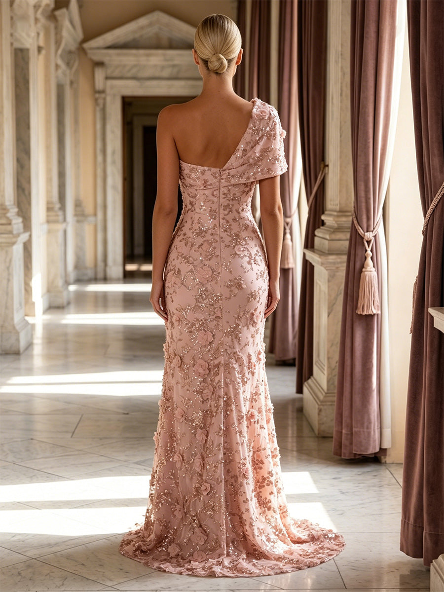 Sequin Floral Sheath/Column One Shoulder Floor-Length Evening Dresses with Slit