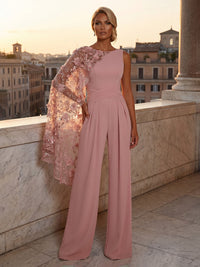Chiffon Pantsuit Scoop Neck Floor-Length Evening Dresses with Ruched Waist