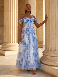 Floral Print A-Line/Princess Off Shoulder Floor-Length Evening Dresses with Corset & Ruched Waist