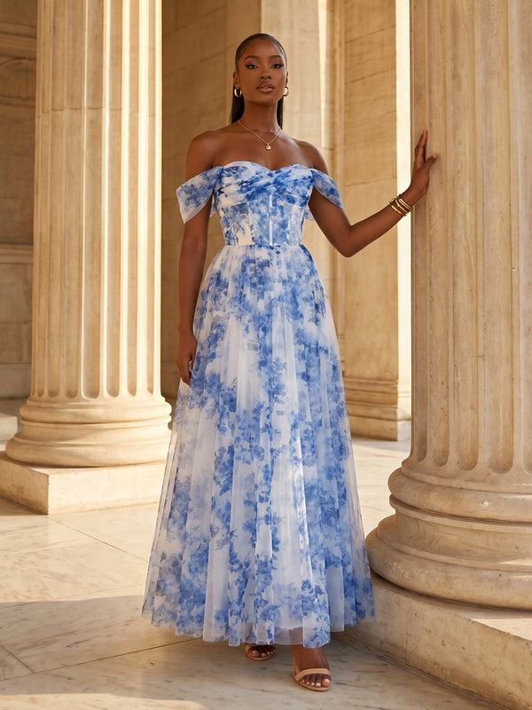 Floral Print A-Line/Princess Off Shoulder Floor-Length Evening Dresses with Corset & Ruched Waist