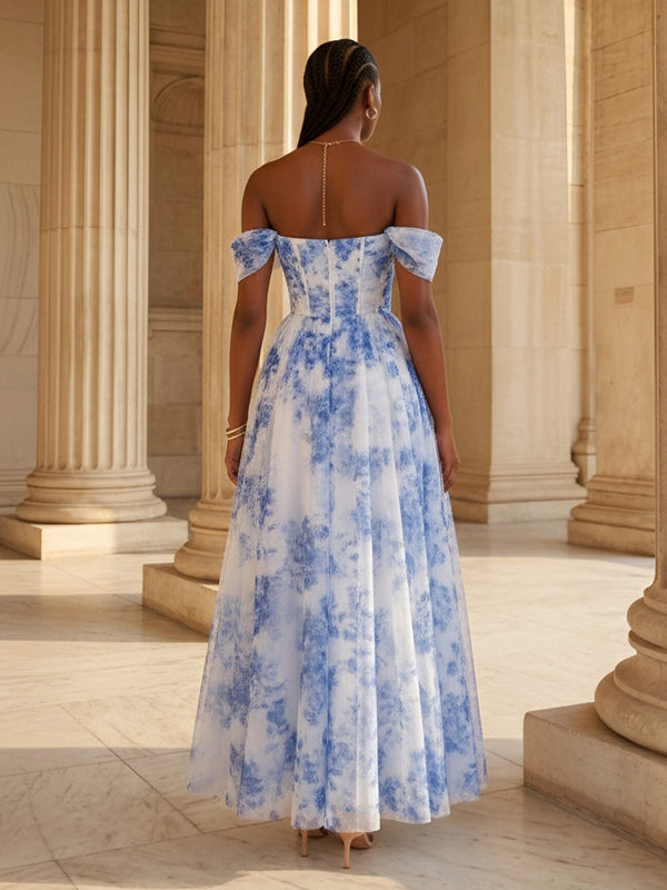 Floral Print A-Line/Princess Off Shoulder Floor-Length Evening Dresses with Corset & Ruched Waist