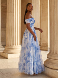 Floral Print A-Line/Princess Off Shoulder Floor-Length Evening Dresses with Corset & Ruched Waist